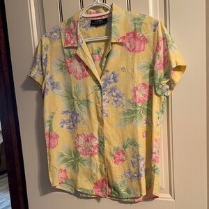 Ralph Lauren Short Sleeve Soft Butter Yellow Floral Blouse.